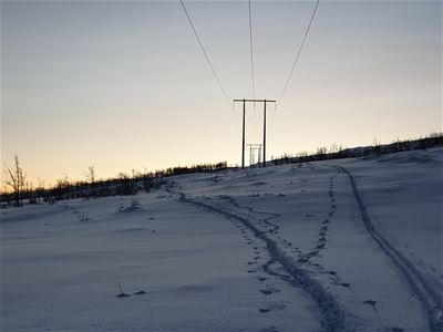 Skispor fører oppover en snødekt fjellside, med strømstolper langs traseen og mykt kveldslys i horisonten.