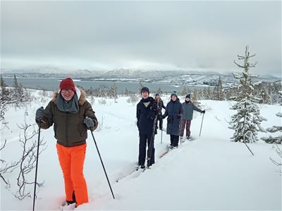 En gruppe skiløpere beveger seg gjennom et snødekt vinterlandskap med fjell og spredte trær.