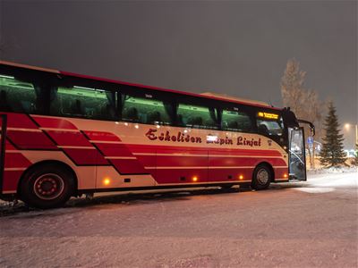 An Eskelisen Lapin Linjat bus operating the Finnish section of the Arctic Route between Kilpisjärvi and Rovaniemi.
