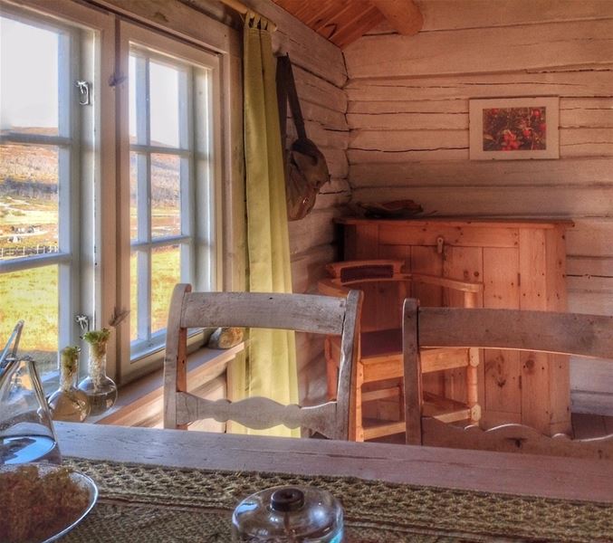 Indoor photo of a log‑style room with a wooden table and a window letting in warm daylight, surrounded by natural wood surfaces.