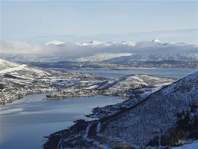 Views across the fjord and winter landscape outside Tromsø.