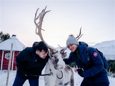 Two guests posing for a photo with a reindeer