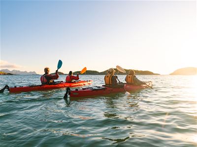 Group kayaking through the Arctic coastal landscape at Sommarøy