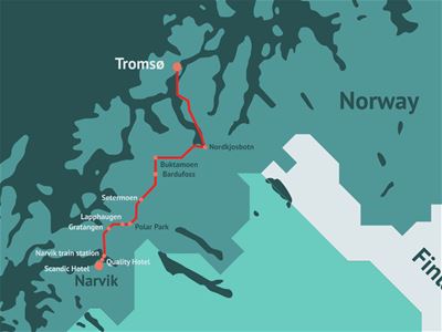 Kart over bussruten med Arctic Route mellom Tromsø og Narvik, med stopp underveis i Nord-Norge.