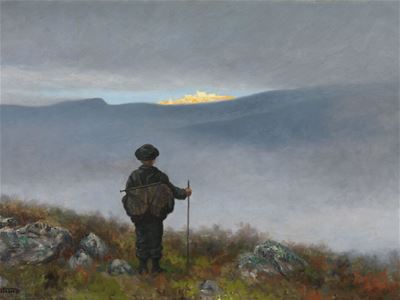 Artwork of a small boy looking out at the troll kingdom in the clouds