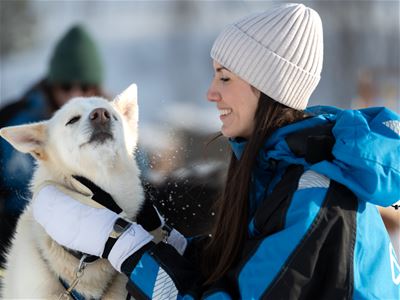 En gjest koser med en husky under besøket på hundegården.