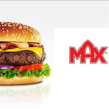 En bild på Max logga och en hamburgare