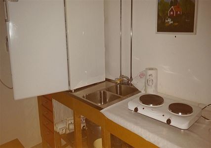 Small pentry with a fridge, kitchen-sink and two hotplates.