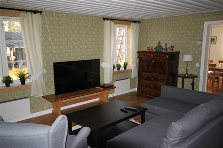 Vardagsrum med soffa och tv.