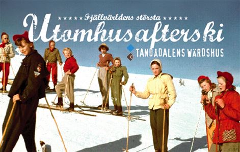 Retro poster with ski dressed ladies on skis on the slope. 