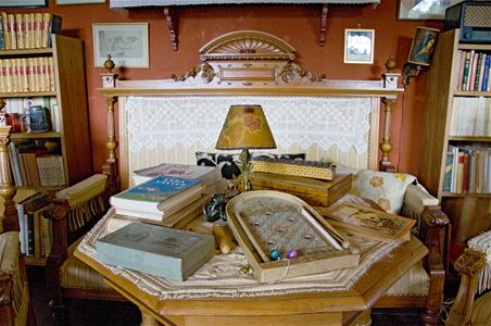 Ett bord med böcker, spel, en soffa, en bokhylla på vardera sida om soffan, en roströd vägg.