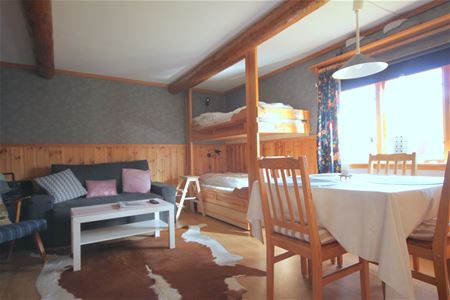 Room with a bunk bed, sofa and a dining table.