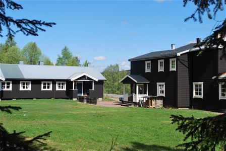 Försgården's brown housesin summer greenery.