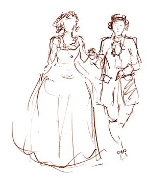 A skitch consisting of a woman and a man dressed in clothes from the 18th century.