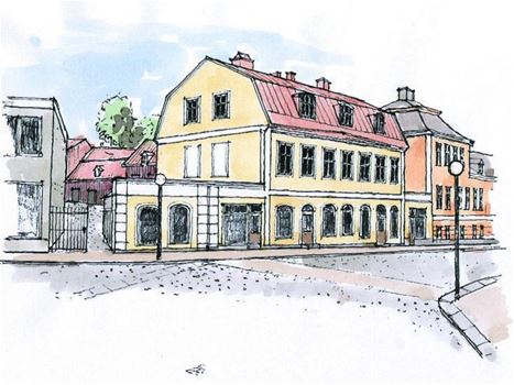 Ritad bild på utsidan av bergqvista gården, en stor klassiskt byggt gul byggnad